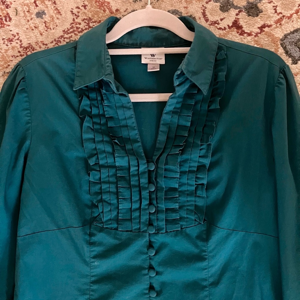 Teal Ruffled Button-Up Blouse - image 4